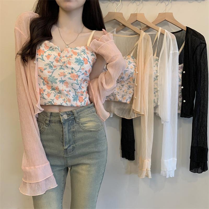 new summer 2024 french style women's long sleeve sunscreen chiffon cardigan shawl air conditioning small cardigan beach sun protection clothing
