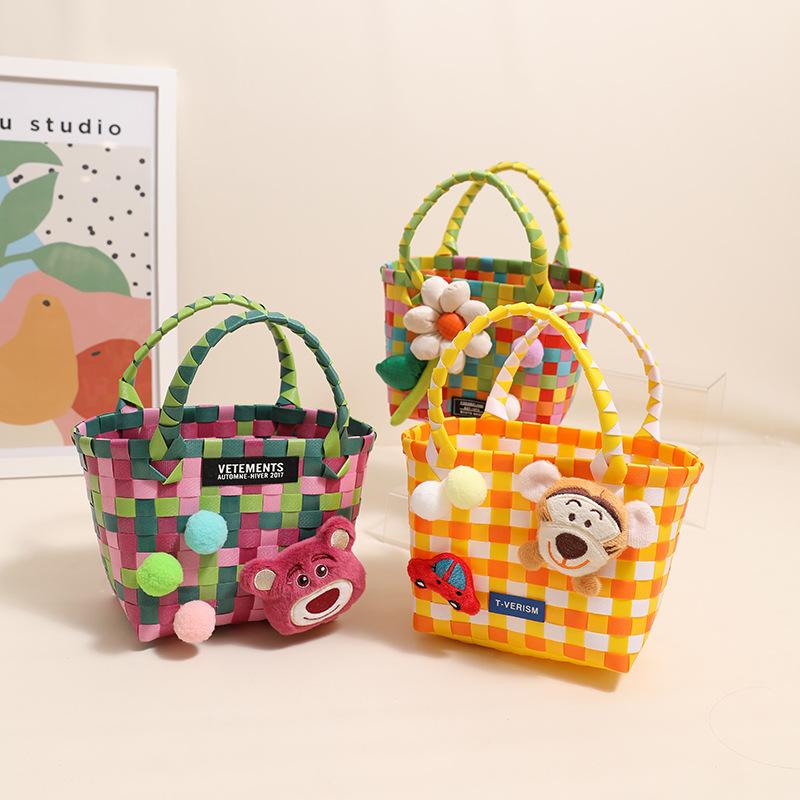 Factory Direct Sales Cartoon Portable Basket New Colorful Pid Cute Square Straw Bag Hand Carrying Woven Bag Women's Bag
