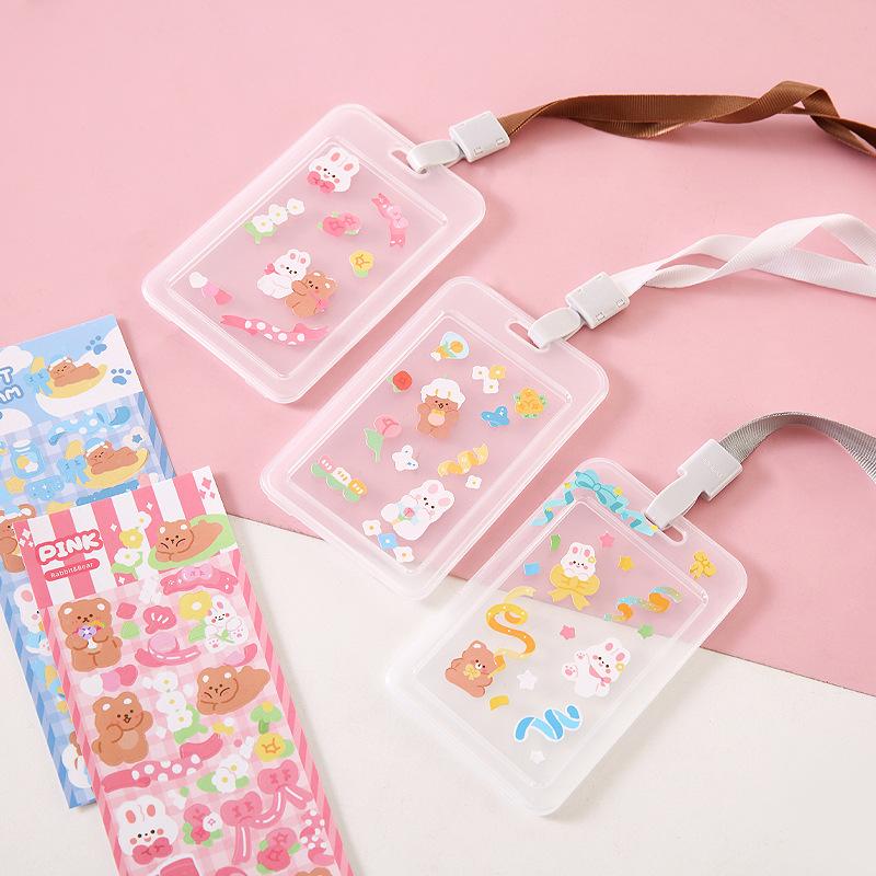 cartoon sticker transparent pp solid color card holder single shell student lanyard bus access control card holder candy color lanyard