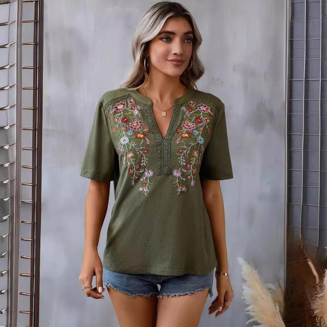 2024 european and american amazon cross-border summer new fashion ten thousand needles embroidery stitching lace lace-collared blouse women's t details Picture