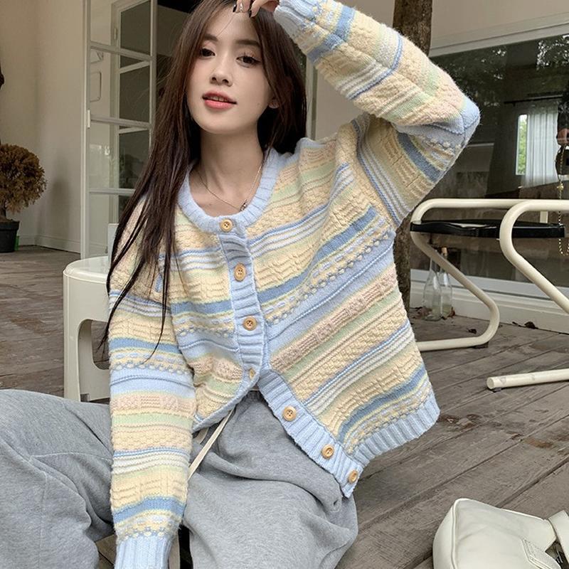 early spring and autumn 2024 new korean style loose striped coat all-matching knitted sweater thin cardigan jacket ladies
