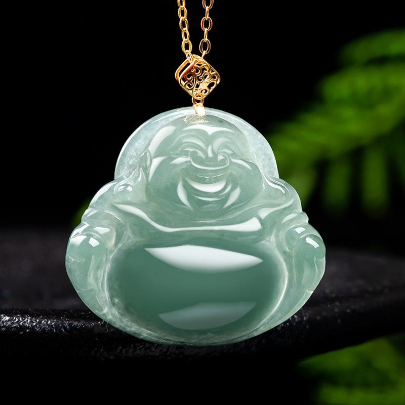 18K Gold Inlaid Natural Myanmar Fake Jadeite Oil Green Buddha Maitreya Buddha Pendant Necklace Ice Jade Pendant for Women thumbnail