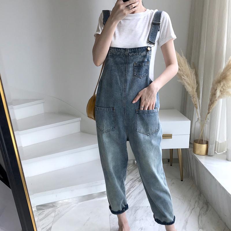 internet celebrity denim suspender pants for women 2023 spring and summer new loose korean style cat's paw student monster cute cropped pants
