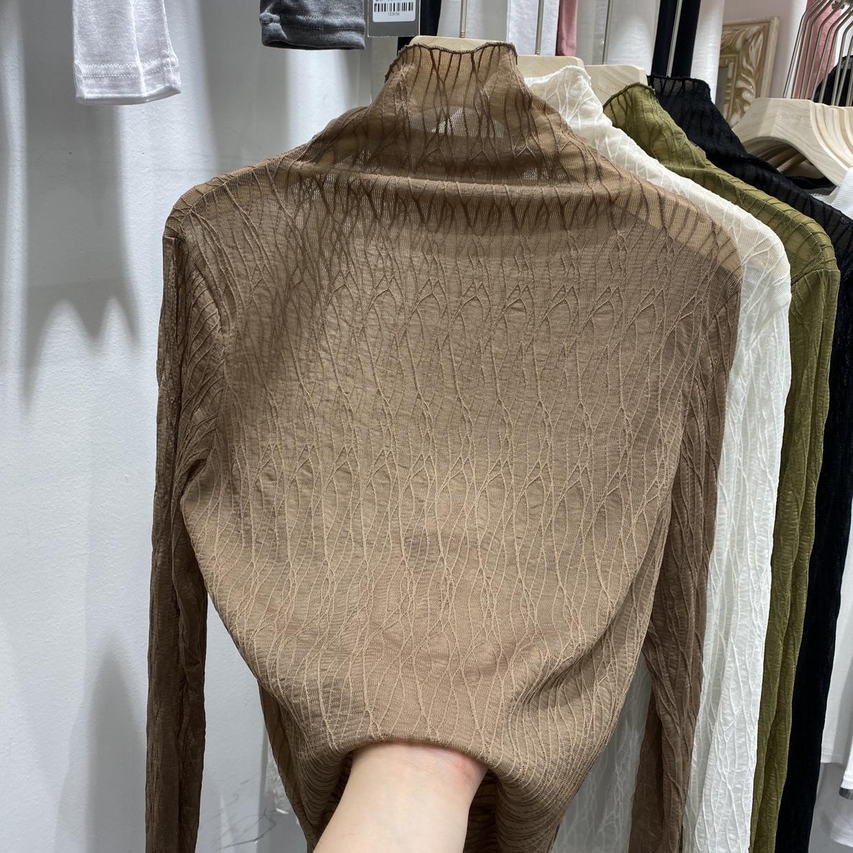 Half-High Collar Inner Match Lace Bottoming Shirt Women's European Station 2022 Autumn New Western Style Blouse Sexy Mesh Top Specification drawing