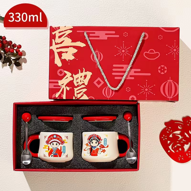 Peking Opera cup gift cup, new type of souvenir cup, ceramic pair cup, ceramic couple cup, new type of ceramic souvenir cup, wedding supplies cup, festive supplies cup Application Scenario