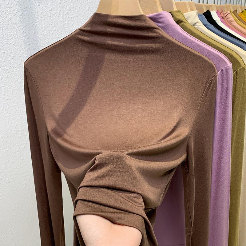 half turtleneck bottoming shirt women's 2024 new women's solid color long-sleeved t-shirt fleece lined padded warm keeping inner wear blouse full figure