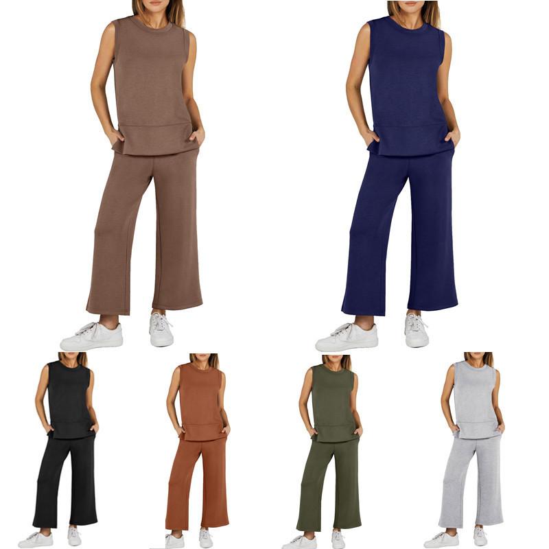 cross-border amazon european and american ladies slit hemline at hem sleeveless round neck loose women's blouse and pants