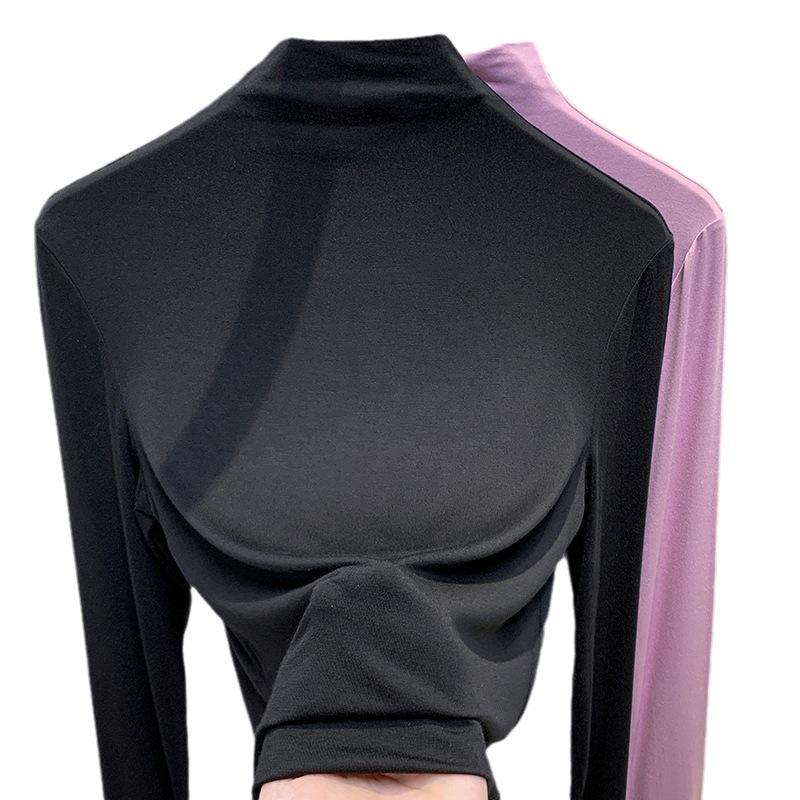 half turtleneck bottoming shirt women's 2024 new women's solid color long-sleeved t-shirt fleece lined padded warm keeping inner wear blouse Item Picture