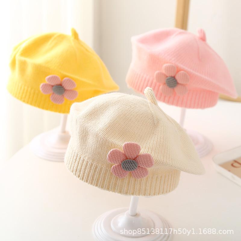 baby hat autumn and winter female baby cute flowers beret children woolen cap girls knitted painter cap tide