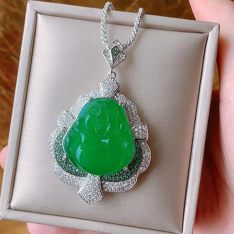 green chalcedony white chalcedony smile buddha new chinese style accessories national style maitreya necklace small buddha