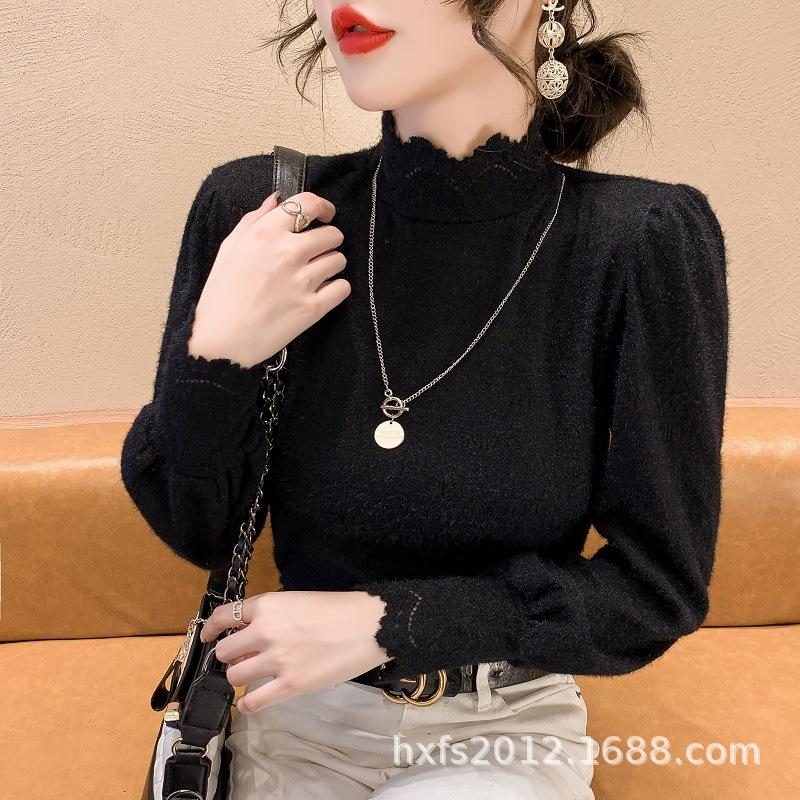 Autumn and Winter New Thickened Half-High Collar Inner Wear Blouse Women's Brushed Lace Bottoming Shirt Slim-Fit Long Sleeve All-Matching Outer Wear Item Picture