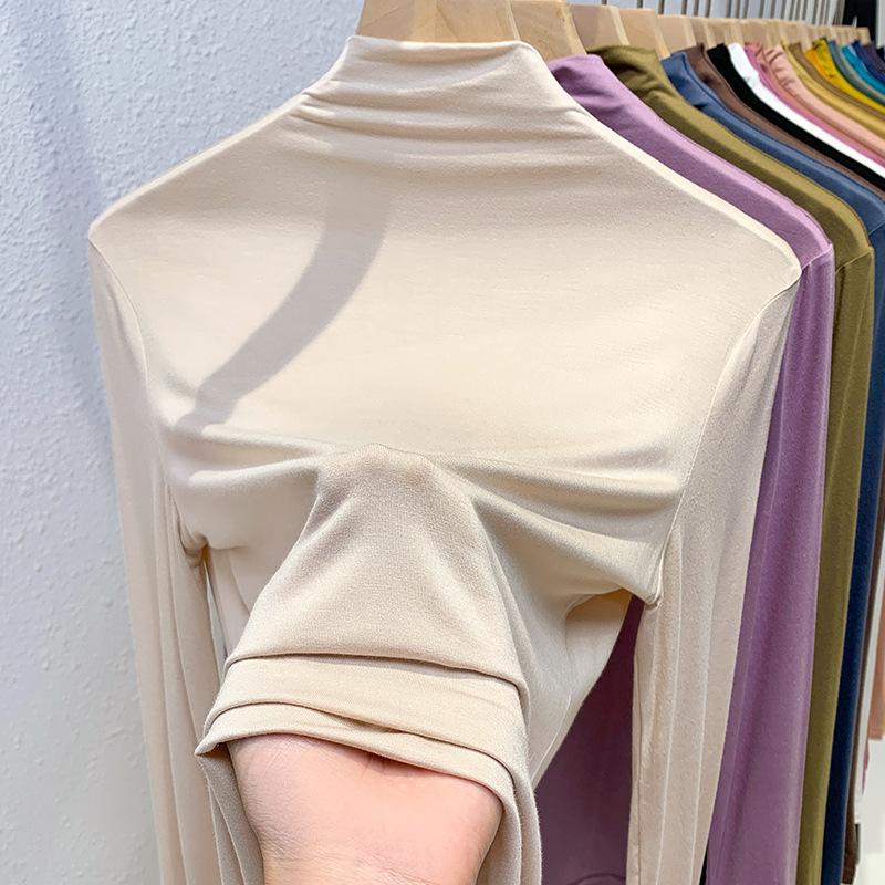 half turtleneck bottoming shirt women's 2024 new women's solid color long-sleeved t-shirt fleece lined padded warm keeping inner wear blouse details Picture