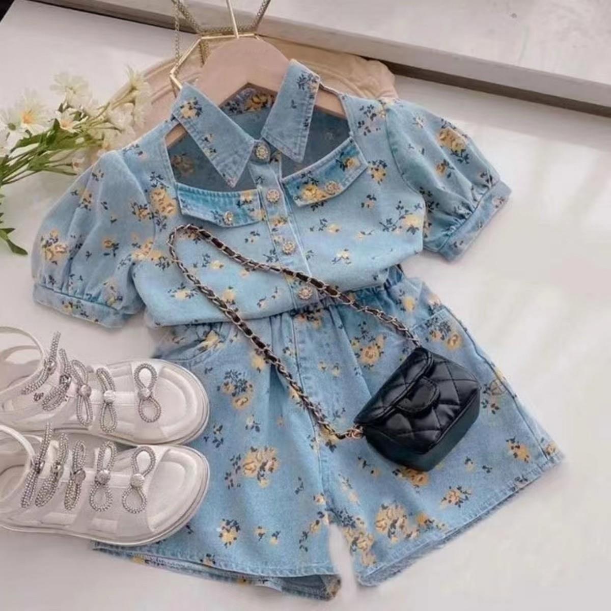 Summer 77129 in Stock Korean Style Children Children's Suit Fashionable Printed Cotton Shorts Short Sleeve Blouse and Pants Children's Clothing