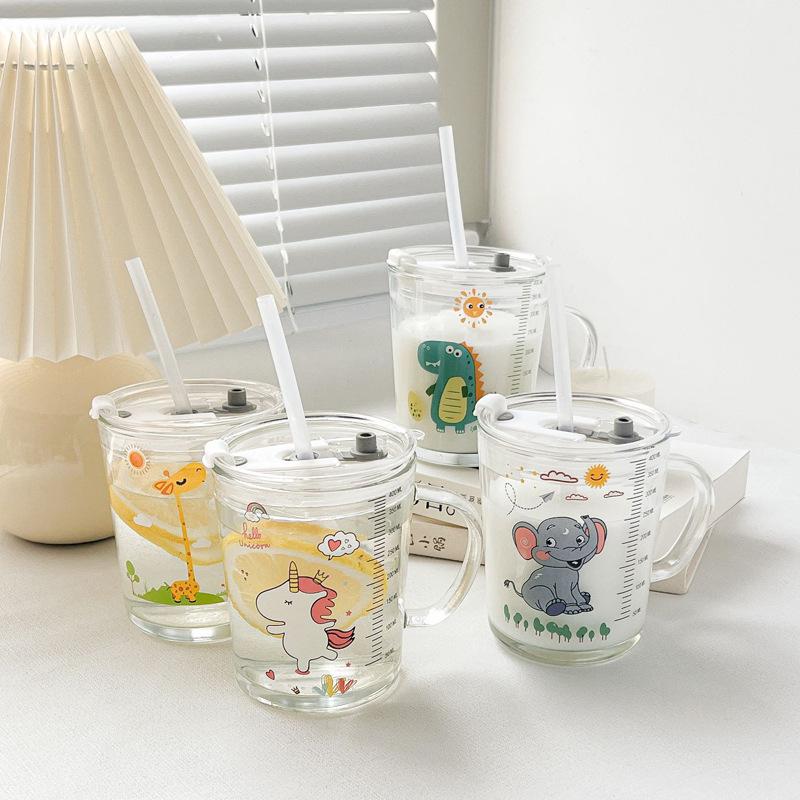 milk cup with scale double drinking glass household cup with straw cartoon stickers cup transparent glass cooking cup