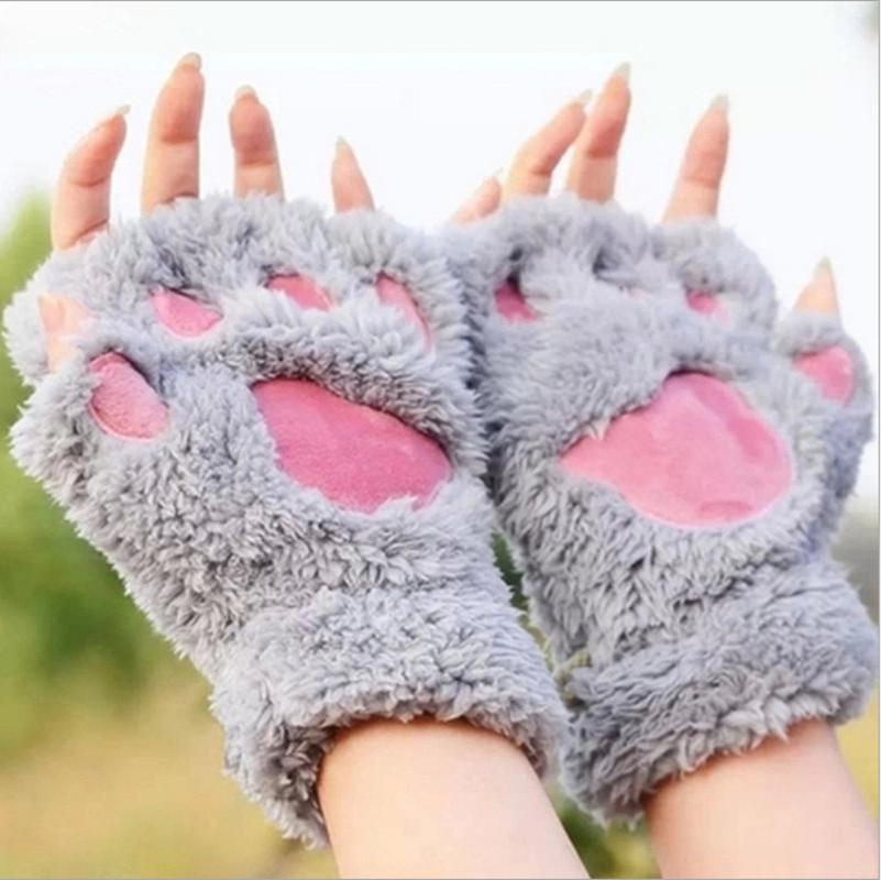 winter cute cartoon  girl open finger cat's paw warm gloves thickened fluff hand-shaped brush half finger gloves