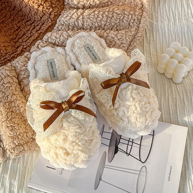 2024 bowknot indoor new cotton shoes home fur home warm winter couple winter cotton slippers ing