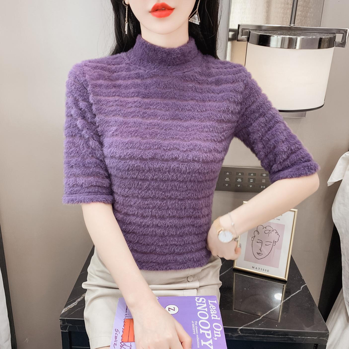 Spring and Autumn New Western Style Very Fairy Mink Fur Lace Shirt Stretch Half-High Collar Inner Match Outer Wear Half-Length Sleeve Underwear Blouse Women