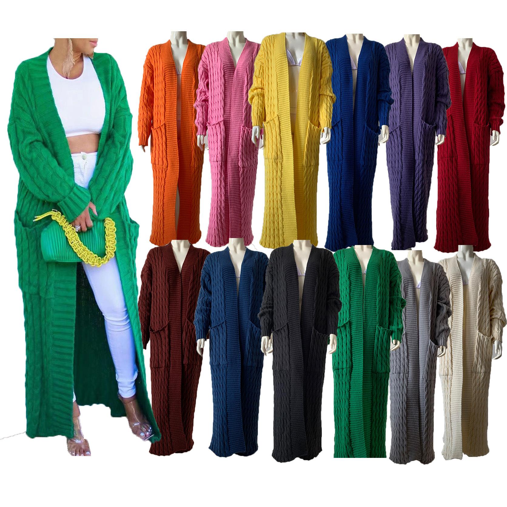 2024 cross-border long knitwear coat cardigan amazon pocket a long sweater thickened coat european and american women's clothing new