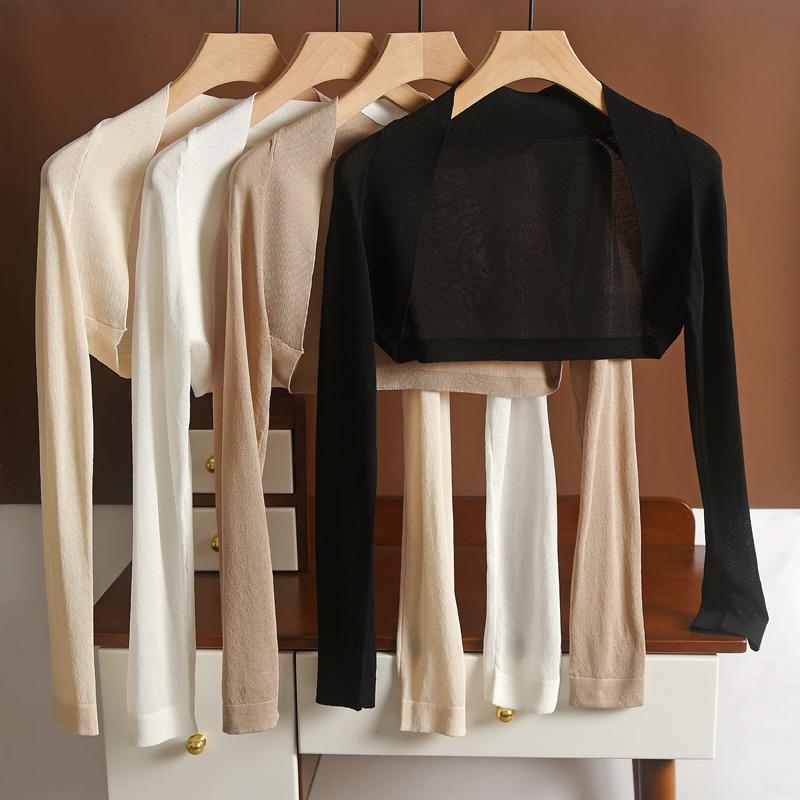 summer white ice silk top short cardigan sun protection shirt thin outwear blouse air conditioning shirt women's summer sun protection clothing