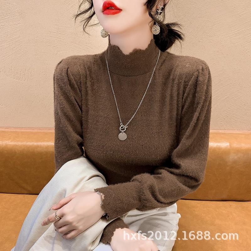 Autumn and Winter New Thickened Half-High Collar Inner Wear Blouse Women's Brushed Lace Bottoming Shirt Slim-Fit Long Sleeve All-Matching Outer Wear Application Scenario