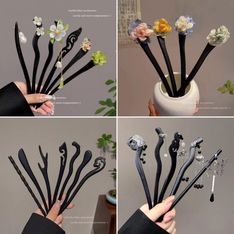 ancient style wooden hairpin female black high sense bun updo pin new chinese style han chinese clothing cheongsam hair clip headdress