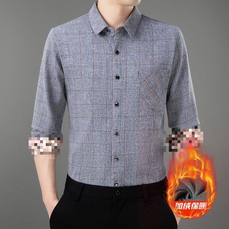 winter fleece thickened blouse men's long-sleeved plaid middle-aged and elderly men's loose casual dad warm underwear details Picture