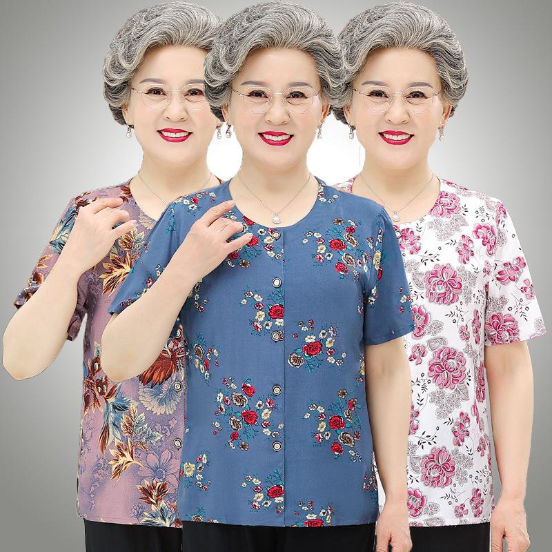 Middle-Aged and Elderly Summer Wear Mom Short Sleeve Artificial Cotton Cardigan Single Blouse Grandma Cotton Silk Shirt Old Lady Shirt full figure