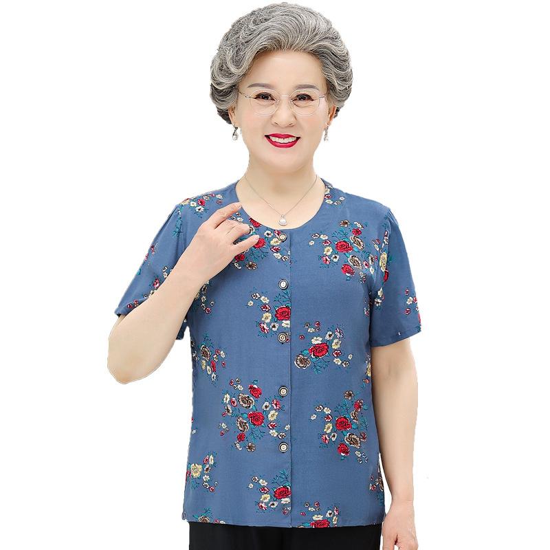 Middle-Aged and Elderly Summer Wear Mom Short Sleeve Artificial Cotton Cardigan Single Blouse Grandma Cotton Silk Shirt Old Lady Shirt Item Picture