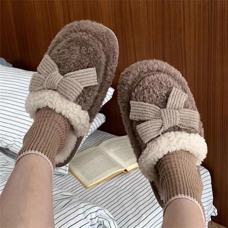 cotton slippers women's winter cute bowknot slippers thick bottom home non-slip couple cotton slippers cotton slippers thick confinement slippers