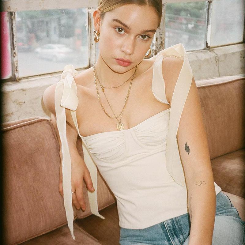 93266 knitted bandage bow suspenders vest european and american women's clothing autumn sexy hot girl backless inner wear blouse details Picture