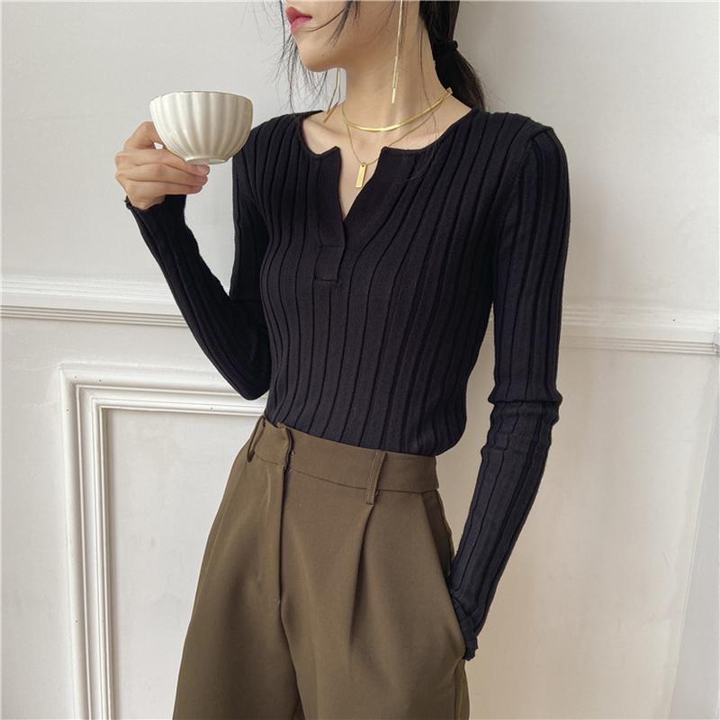 1575 autumn and winter french scheming semi-open chest v-neck slim fit slimming sweater bottoming shirt inner wear blouse women full figure