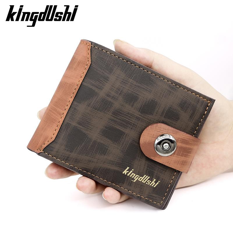 新横款磁扣男士钱包短款拼皮男式复古皮夹带拉链零钱袋便携折叠包