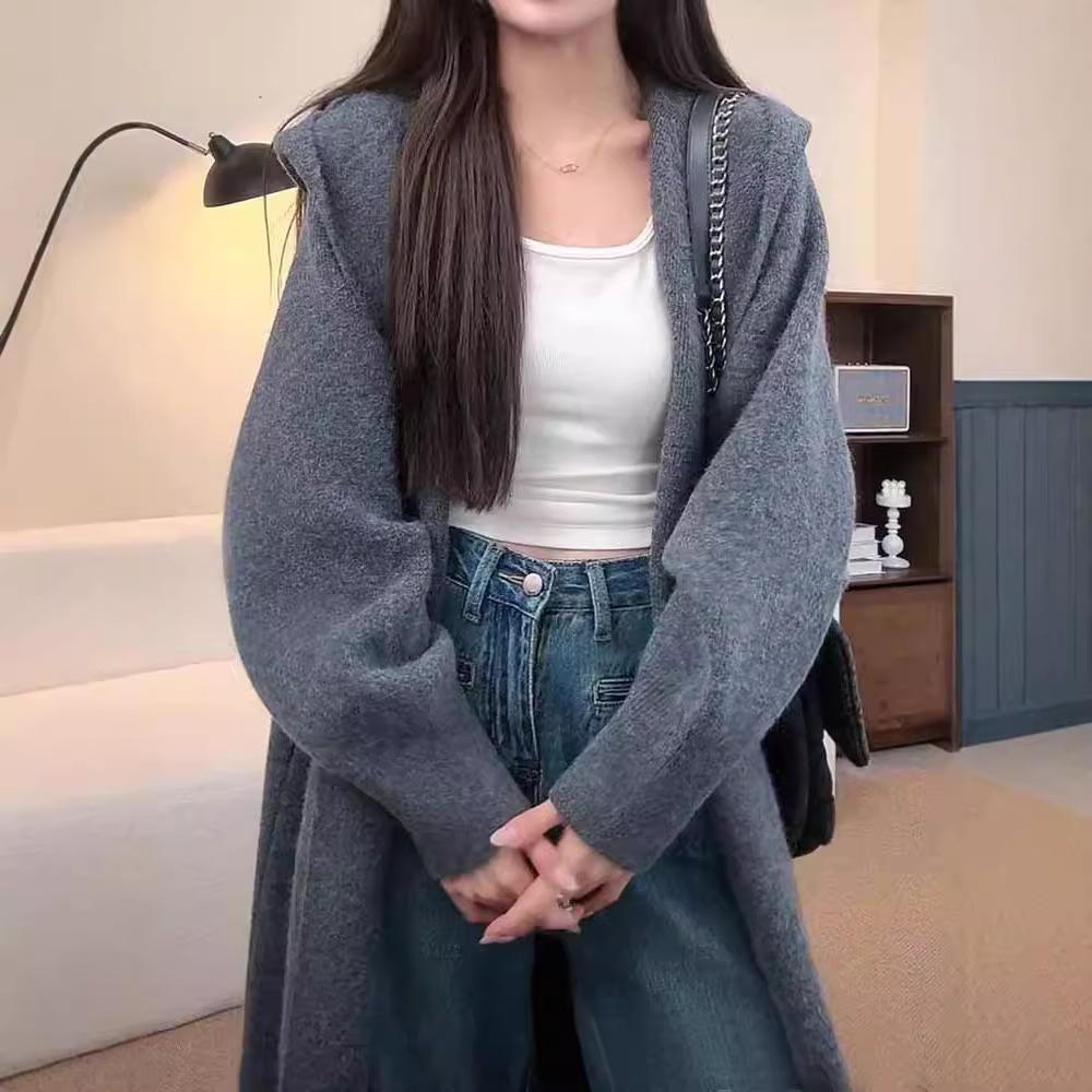 kaning lazy hooded long knitted cardigan women 2024 new fall women's clothing overknee sweater large coat women