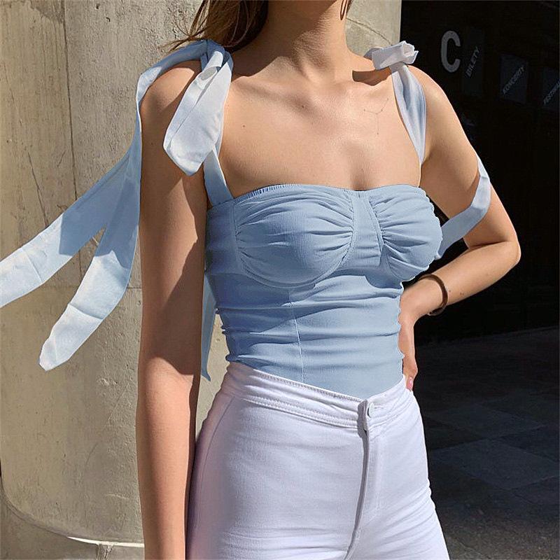 93266 knitted bandage bow suspenders vest european and american women's clothing autumn sexy hot girl backless inner wear blouse full figure