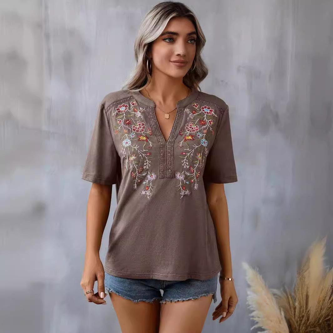 2024 european and american amazon cross-border summer new fashion ten thousand needles embroidery stitching lace lace-collared blouse women's t Application Scenario