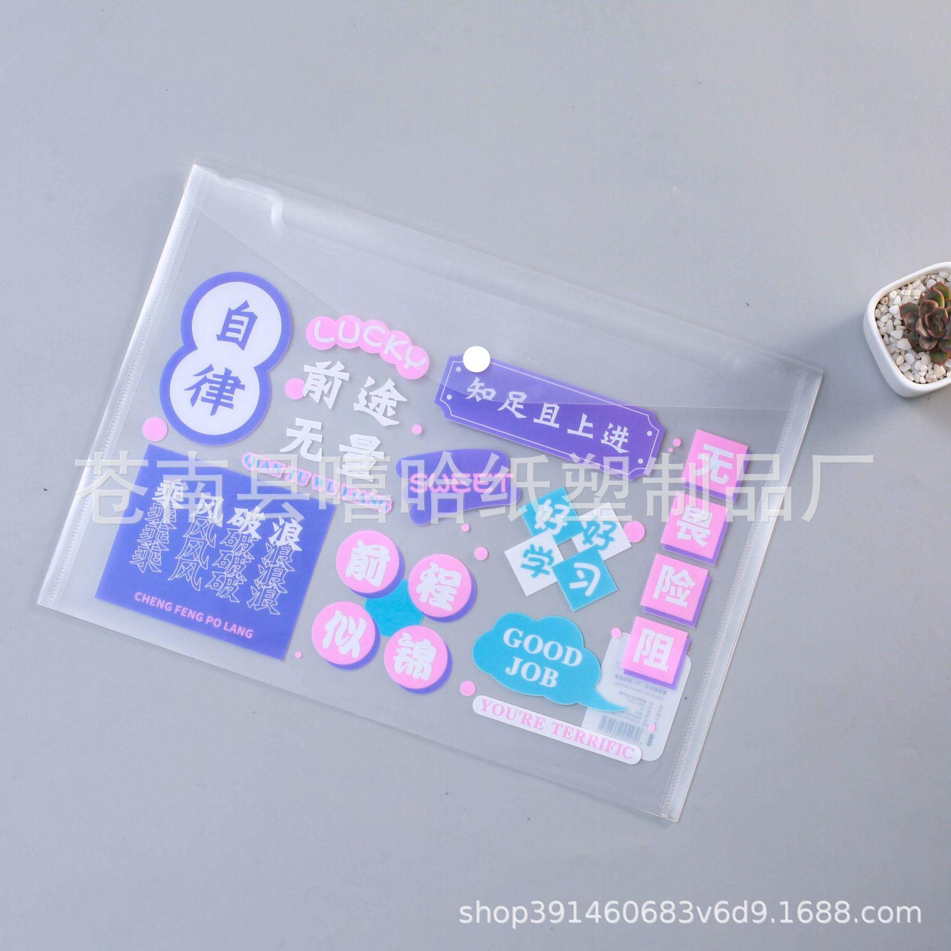 inspirational cultural creative a4 plastic transparent file bag custom stationery case student storage bag color cartoon custom logo Specification drawing