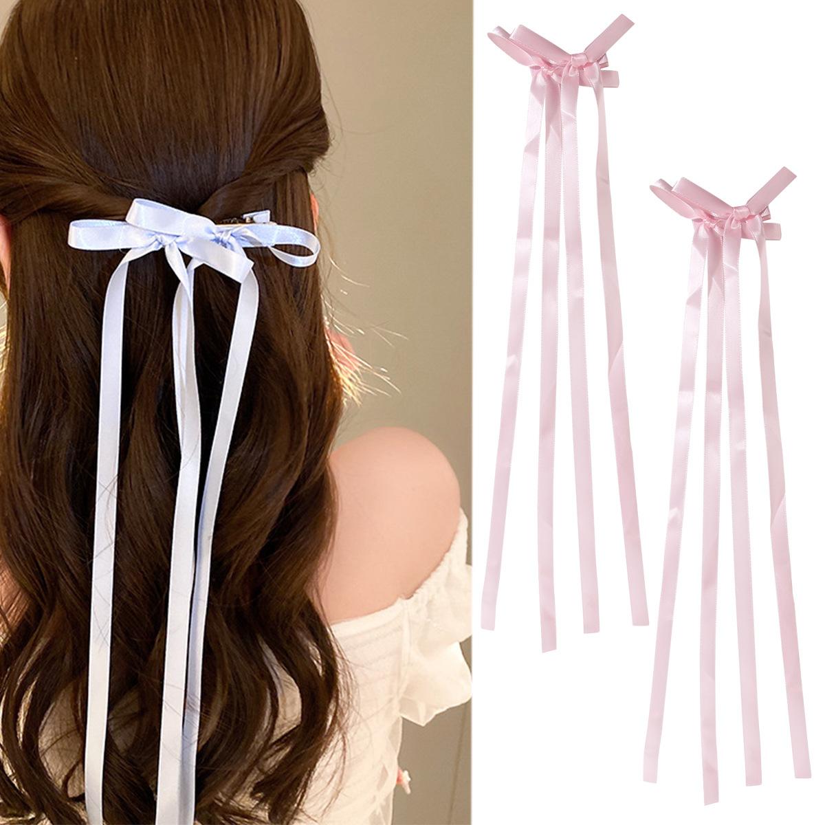 Guanyang Cross-Border Hot Selling Long Ribbon Bowknot Barrettes Dubill Clip Sweet Braided Hair Ribbon Bar Shaped Hair Clip