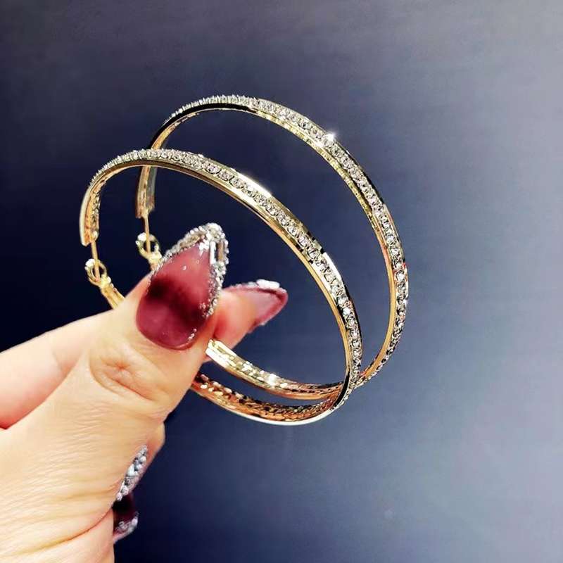 Korean light luxury style full-diamond large ring earrings, exaggerated and unique 925 silver needle ear ring earrings