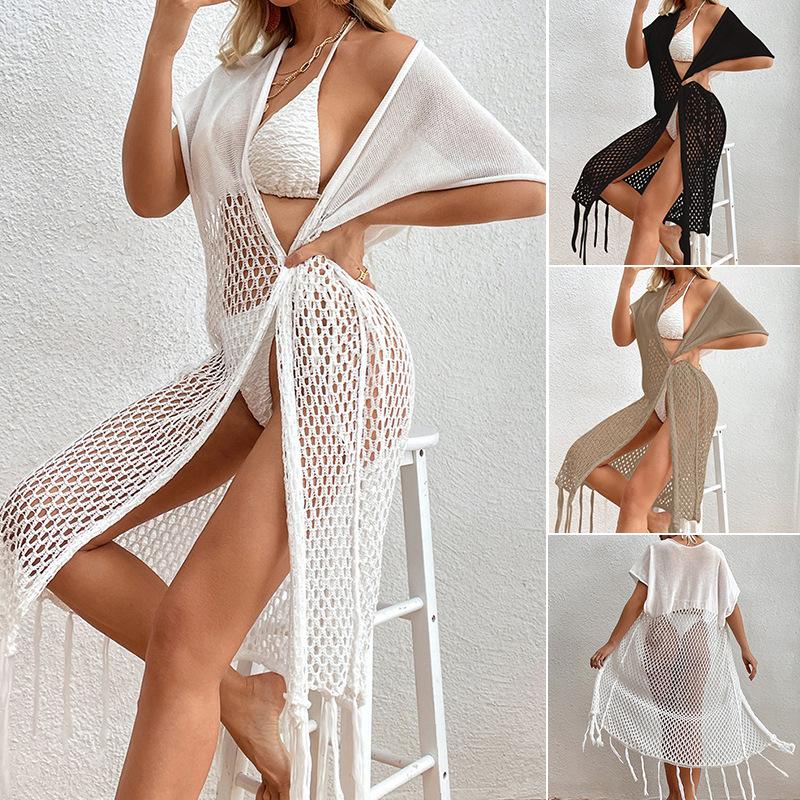 european and american cross-border ins beach ebay tassel one-piece sleeve vacation sun protection white hollow-out sexy blouse full figure