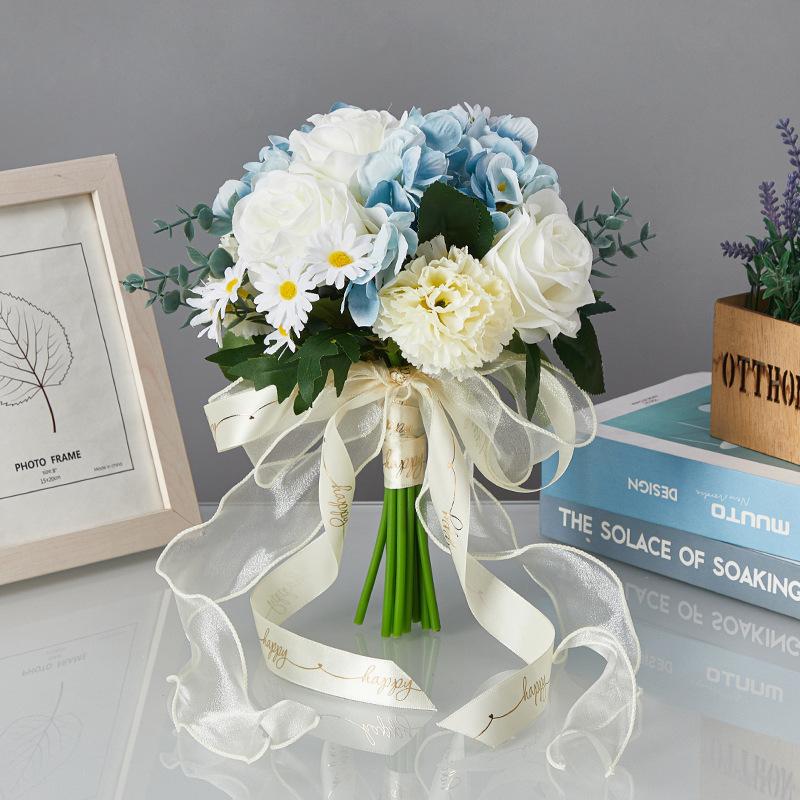 new cross-border hot selling blue and white series bridal bouquet fresh niche wedding bridal rose simulation bridal bouquet wholesale