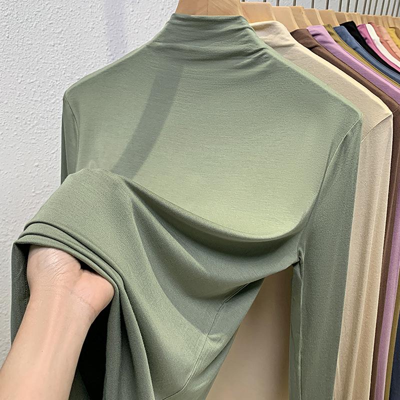 half turtleneck bottoming shirt women's 2024 new women's solid color long-sleeved t-shirt fleece lined padded warm keeping inner wear blouse Specification drawing