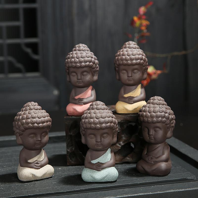 boutique ceramic handmade tea ornaments buddha statue small buddha yixing clay colored clay little monk car decoration factory direct sales