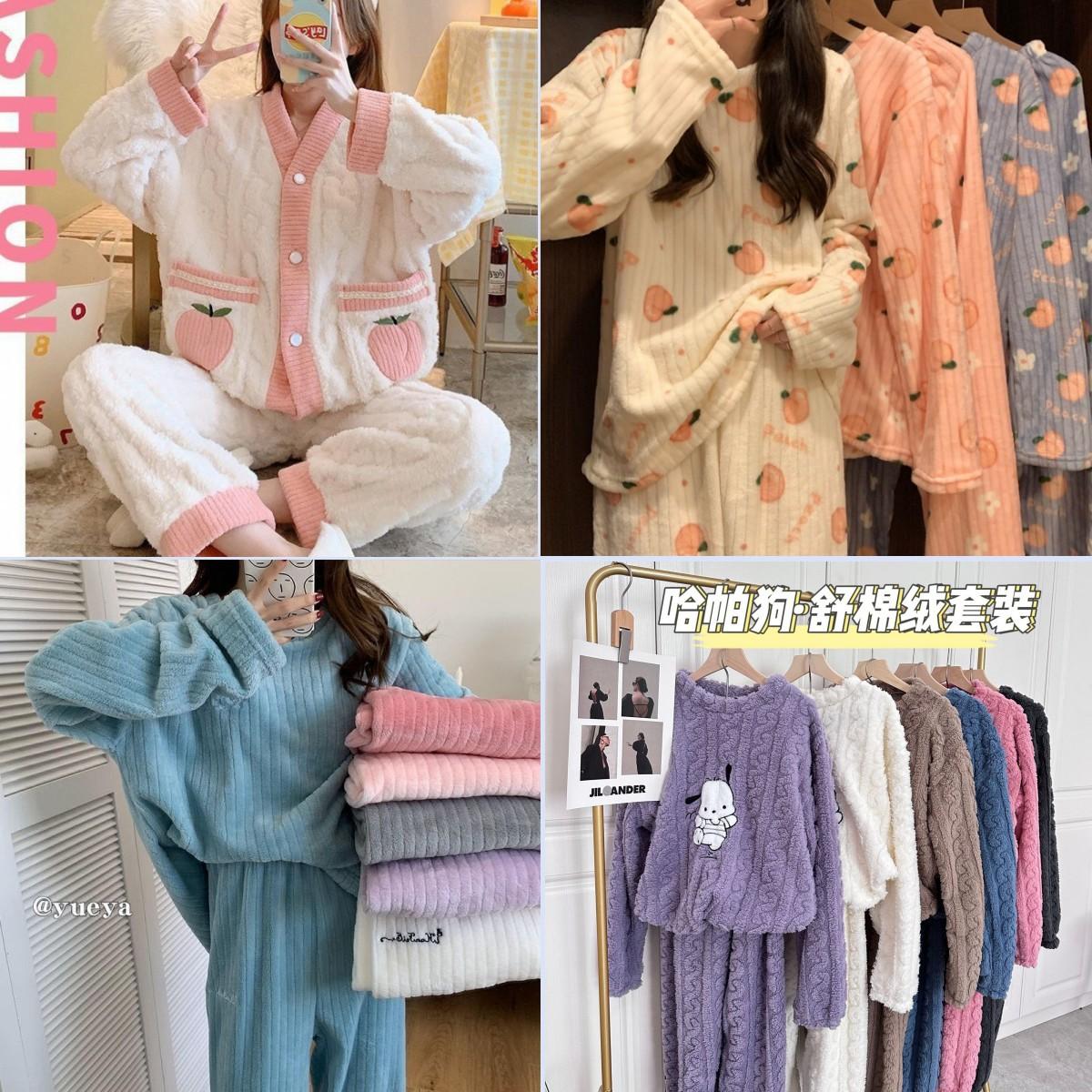 coral velvet pajamas women's winter thickening outer wear cute flannel home wear fashion loose long cardigan suit