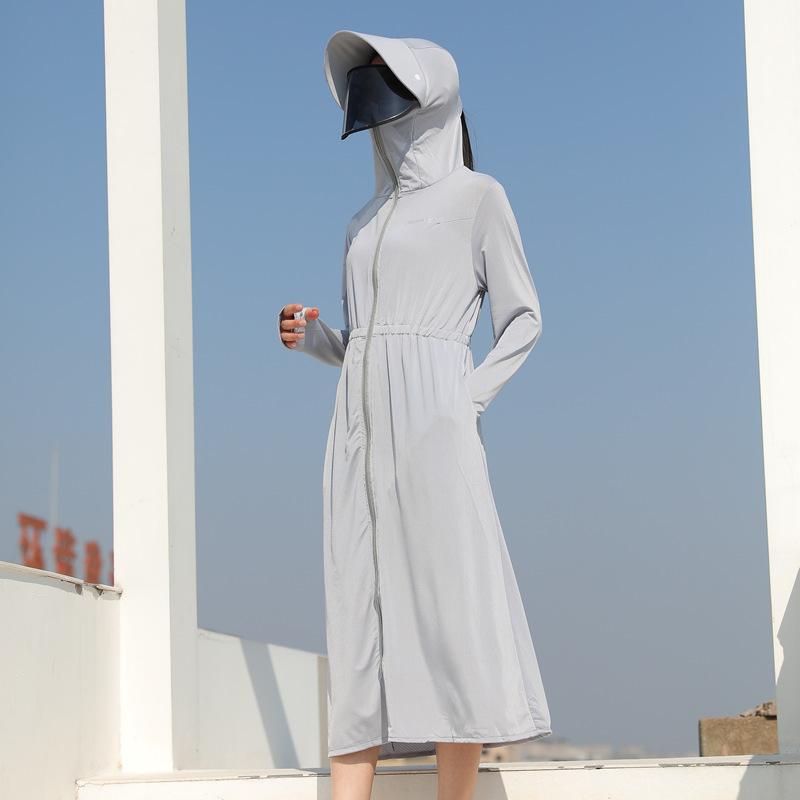 Long Ice Silk Sun Protection Clothing Women over the Knee Sun Protection Jacket Summer Outdoor Riding UV-Proof Breathable Blouse Gray