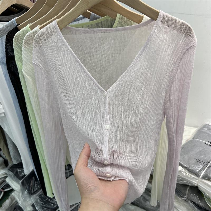 thin long-sleeved ice silk knitted cardigan women's summer new sun protection air conditioning shirt v-neck temperament top outer blouse Specification drawing