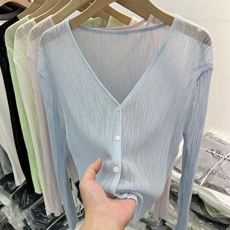 thin long-sleeved ice silk knitted cardigan women's summer new sun protection air conditioning shirt v-neck temperament top outer blouse full figure