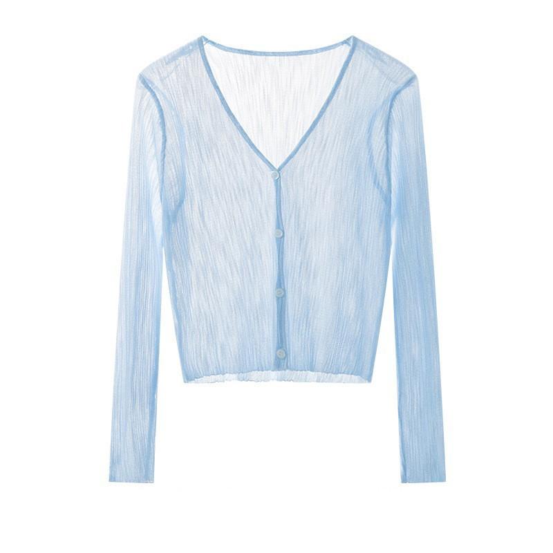 thin long-sleeved ice silk knitted cardigan women's summer new sun protection air conditioning shirt v-neck temperament top outer blouse Item Picture