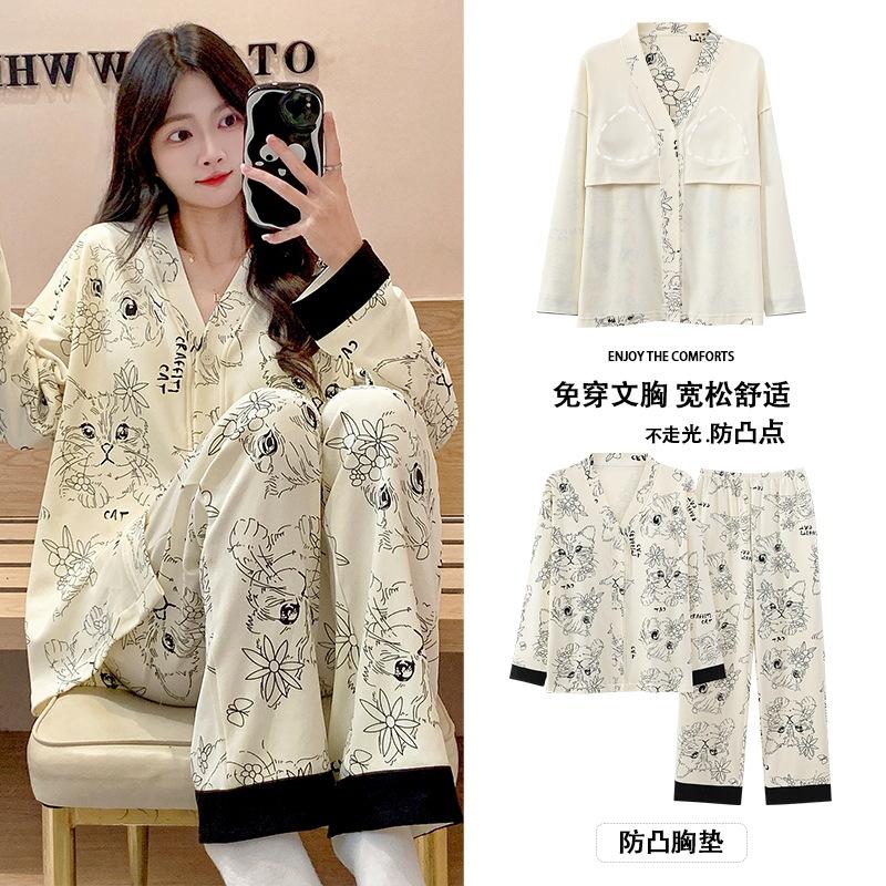 cartoon pajamas women's spring and autumn winter long sleeve cardigan kimono early autumn homewear ladies two-piece set with chest pad