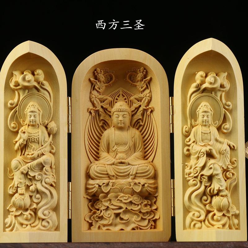 boxwood buddha statue three-open box home decoration solid wood western trinity portable buddha wood carving thousand-hand kwan-yin decoration