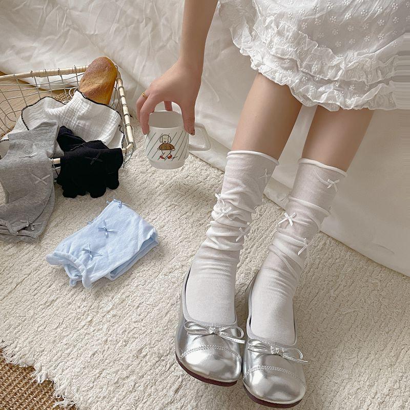 ballet style bowknot stockings women's summer thin loose socks ins pure desire calf socks seamless socks